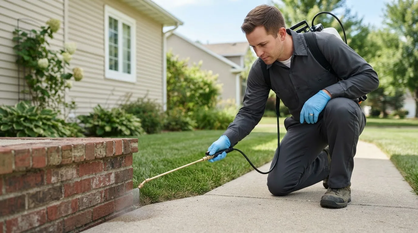 Pest control technician treating a home near Melrose, NY